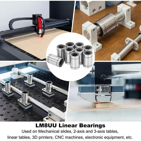 10 Pack LM8UU Linear Ball Bearings 8mm Bore Carbon Steel Double Sided Rubber Seals Nickel Plated Surface For CNC Machines And 3D Printers Linear Rail Guides shown installed in machinery