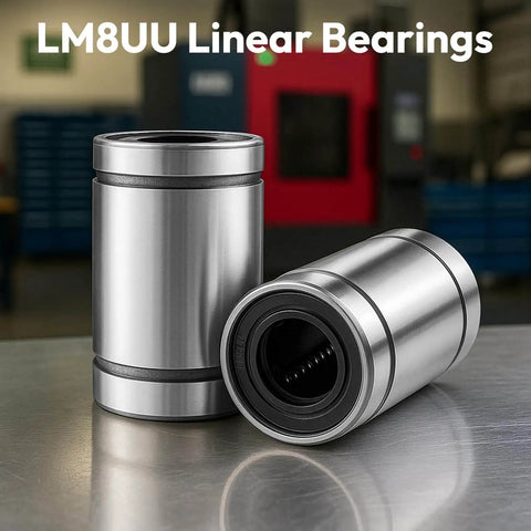 10 Pack LM8UU Linear Ball Bearings 8mm Bore Carbon Steel Double Sided Rubber Seals Nickel Plated Surface For CNC Machines And 3D Printers Linear Rail Guides, showing front view.