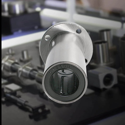 Close-up of Lmf25luu linear ball bearing round flange, ID 25mm, OD 40mm, sae52100 carbon steel, 6 rows of steel balls