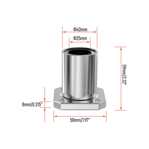 Front view of 2PCS LMK25UU Square Flange Linear Ball Bearing, 25mm Bore Dia, 40mm OD, 59mm Length, CNC 3D printer use