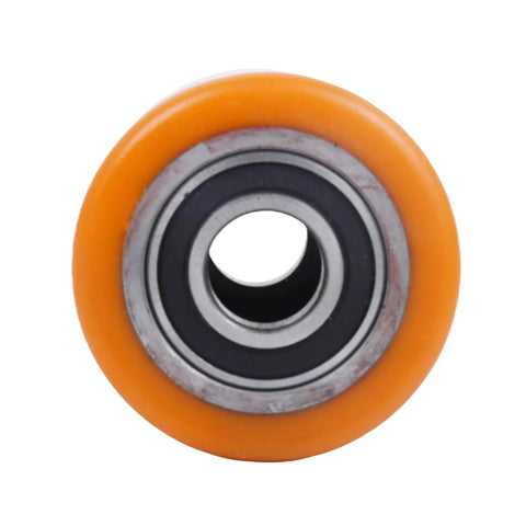 Front view of one wheel from 2 Pack Load Wheel Kit Compatible with Raymond Model 8210 Electric Pallet Jack, orange and black