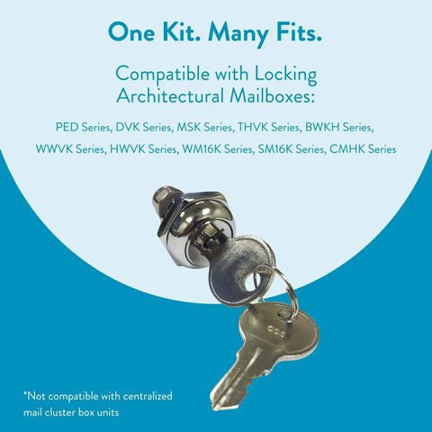 Sturdy replacement lock kit with included keys for securing mailboxes or tool boxes, compatible with multiple mailbox series.