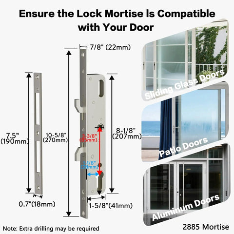 Keyless Sliding Door Lock With Handle For Patio And Glass Doors Featuring Fingerprint Code RFID Card Keypad App Remote Control Slim Frame Fits Door Thickness From One Inch To Four And Three Quarters Inches And Requires Frame Width One Point Eight Inches, displayed with dimensions and compatible door types.