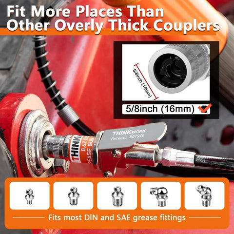 Hands Free Lock On Grease Gun Coupler With Cleaning Tool, 14000 PSI, 5/8 Inch Size, shown fitting on machinery with connectors