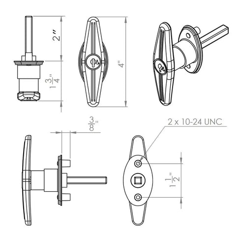Technical drawing of Locking T Handle Set With Interior Screw Mount One And A Half Inch Shank 90 Degree Clockwise And Counterclockwise Rotation Blind Mounting Three Eighths Inch Lugs Tapped Ten Twenty Four By Three Eighths Inch Includes Two T Handles Two Keys Dust Covers, showing dimensions and details.