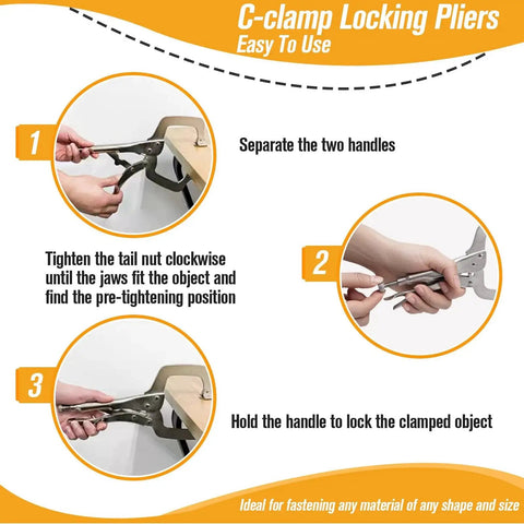 Steps showing how to use Heavy Duty 6 Inch C Clamp Locking Pliers Set Of 6 With Adjustable Swivel Pads For Woodworking and DIY projects.