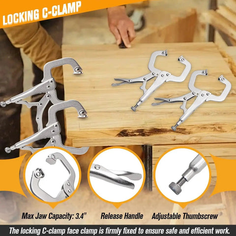 Heavy Duty 6 Inch C Clamp Locking Pliers Set Of 6 With Adjustable Swivel Pads for woodworking and welding on a wooden table