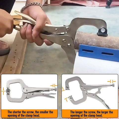 Heavy Duty 6 Inch C Clamp Locking Pliers Set Of 6 With Adjustable Swivel Pads For Woodworking Welding And DIY Projects Built From Heat Treated Alloy Steel For Maximum Toughness And Corrosion Resistance Pocket Hole Clamp And Strong Grip in use with hand