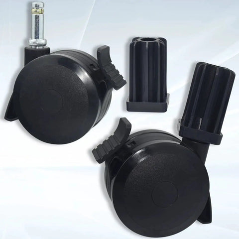 4 Pack Locking Caster With Insert Replacement Parts 70360 For Genesis Spirit E310 E320 S330 E210 Summit E400 E600 Gas Grills 2007 To 2019 Suitable For Spirit Summit E Series Style Models Includes Four Casters And Inserts visible close-up showing two black locking caster wheels and inserts.
