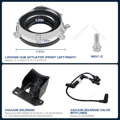 Locking hub actuator kit with M6x1.0 bolt; vacuum solenoid and vacuum valve with lines.