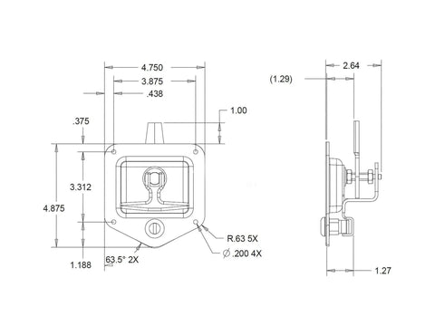 Technical diagram of a locking single point latch with gasket for truck tool boxes, trailer doors, RVs, corrosion-resistant stainless steel.