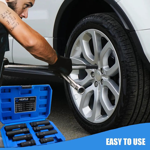 Person using Spline Lug Nut Socket Set For Quick Wheel Lock Removal, 8 Piece SAE And Metric Locking Lug Nut Removal Kit By VEXPLO