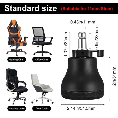 Replacement Office Chair Wheels With Switchable Fixed And Smooth Sliding Casters for 11mm Stem, shown with dimensions and chair compatibility