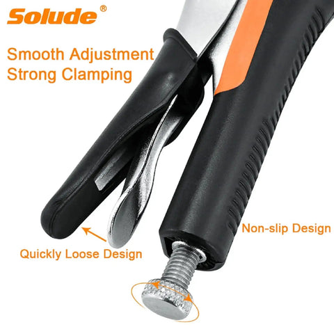 Close-up of Hardworking Four Piece C Clamp Locking Pliers Set With 6-Inch 9-Inch 11-Inch And 14-Inch Vise Grips, ergonomic handles.