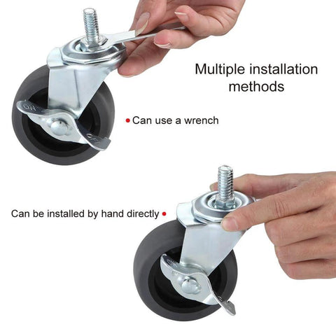 3 Inch Locking Swivel Stem Caster Wheels Set of 4 with 3/8-16 x 1 Threaded Stem, installation methods shown with hands