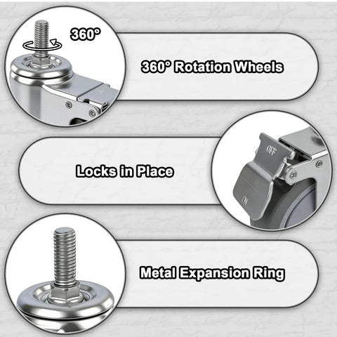 5 Inch Locking Swivel Casters With Brake, 1/2-13 X 1.5 Threaded Stem, Grey TPR Rubber Wheels, showing 360° rotation and brake locks.