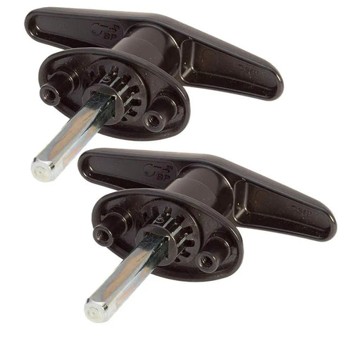 Locking T Handle Set With Interior Screw Mount One And A Half Inch Shank 90 Degree Clockwise And Counterclockwise Rotation Blind Mounting Three Eighths Inch Lugs Tapped Ten Twenty Four By Three Eighths Inch Includes Two T Handles Two Keys Dust Covers; black T-handles with metal shanks