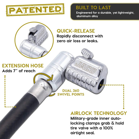 Close-up of Lightning L2X Quick Connect Locking Tire Inflator Air Chuck Extension with 90° adapter and hose, aluminum finish