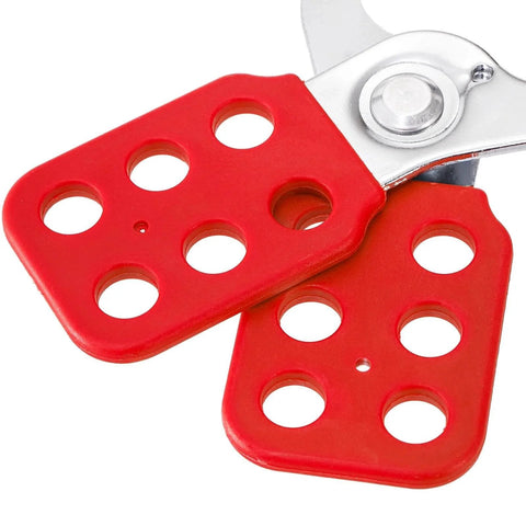Close-up of red 8 Pack Lockout Tagout Hasp with extended jaw, tamperproof stainless steel LOTO hasp, fits up to 6 padlocks