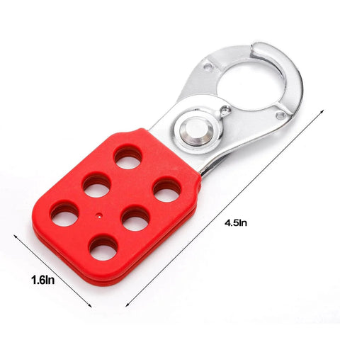 Alt Tag: 8 Pack Lockout Tagout Hasp With Extended Jaw Tamperproof Stainless Steel LOTO Hasp Fits Up To 6 Padlocks, red body, side view