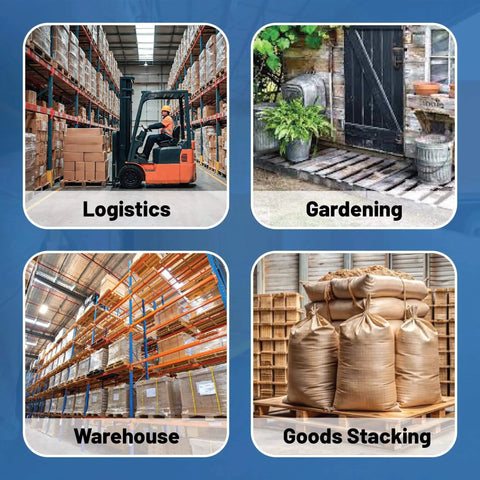 Collage of logistics, gardening, warehouse storage, and goods stacking scenes