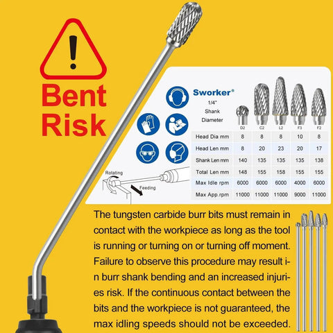 Long Carbide Burr Set For Die Grinder Five Pieces With Quarter Inch Shank and bent risk warning, displayed with size chart