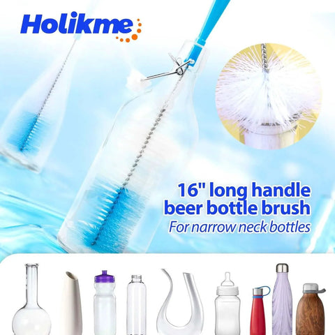 Long Handle Bottle Cleaning Brush Set For Narrow Neck Bottles And Decanters Tubes Spouts Lids, 16-inch blue brush in glass bottle