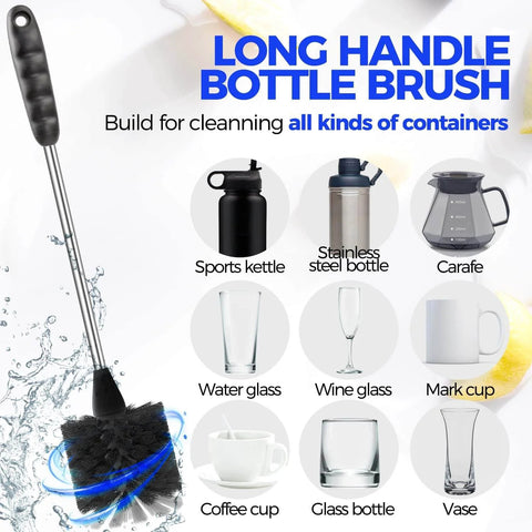 Six Pack Bottle Brush Set With 14 In Stainless Steel Handles next to various glassware and container illustrations.