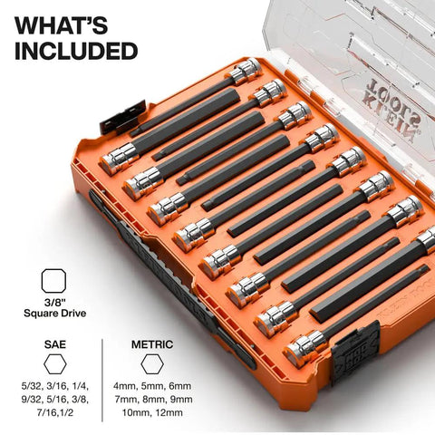 Long Hex Bit Socket Set for Tight Spaces, 16-Piece SAE and Metric, Includes 5 32 Inch to 1 2 Inch and 4 to 12 mm, MODbox Case, Klein Tools.