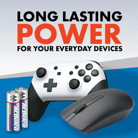 Wireless mouse and game controller next to 24 Pack AA Batteries Super Alkaline Power For Home Office Reclosable Packaging.