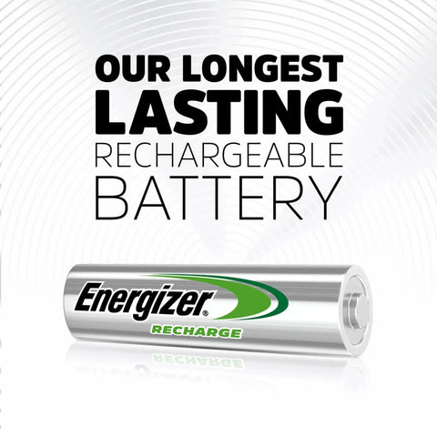Energizer rechargeable battery with 'Our Longest Lasting' text on a sleek silver design