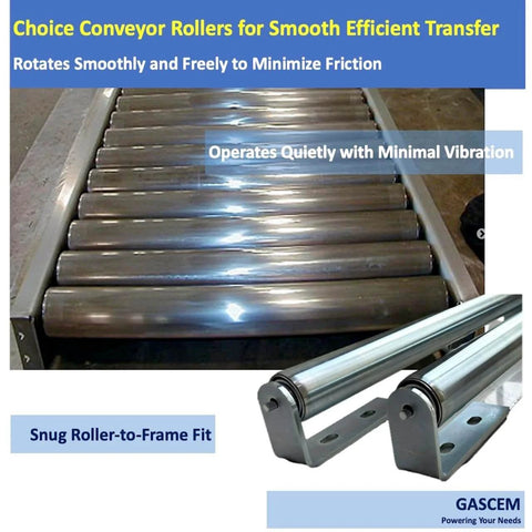 Long Roller with Bracket Set 16 Inch Length 1.5 Inch Diameter Galvanized Steel Rollers in conveyor layout with mounting brackets.