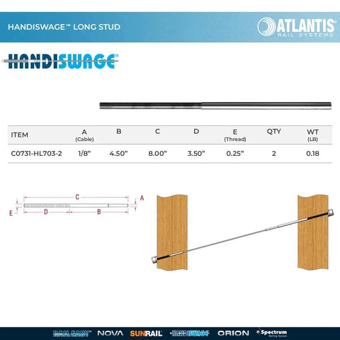 Diagram of Long Stud 1/8 Inch For HandiSwage Cable Infill Systems Pack Of 2 showing measurements and installation method.