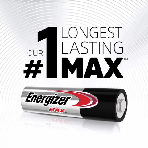 Single Energizer Max alkaline battery with #1 longest lasting text behind it on a textured background