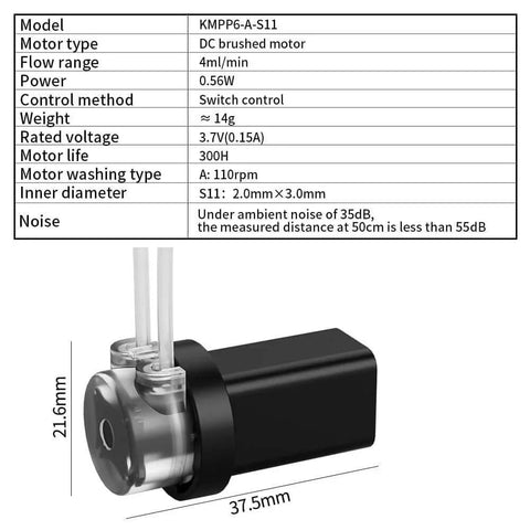 Specifications and image of 4ml/min Low Flow Rate mini peristaltic Pump 3.7V dc Motor with 1/16 Straight Through Pagoda Connector