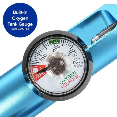 Low Flow Ozone Therapy Oxygen Regulator with built-in oxygen tank gauge, up to 3000 PSI, for Ozone Generators, blue body.