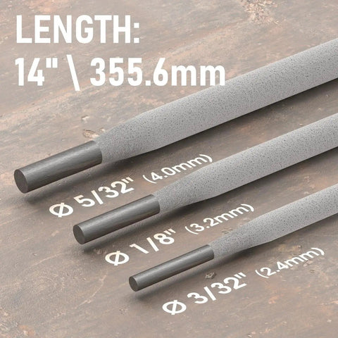 E7018 3 32nd Inch 5 Pound Low Hydrogen Iron Powder Welding Rods showcasing different diameters and 14 inch length.