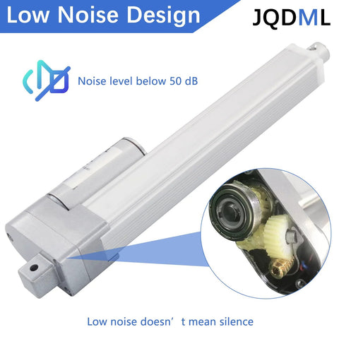 JQDML 16-inch 12V linear actuator with mounting bracket; silver aluminum body, low-noise design.