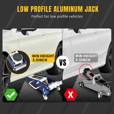 1.5 Ton Low Profile Floor Jack With Quick Lift Dual Pump For Cars And SUVs, 3300 Lb Capacity comparing lift heights under car
