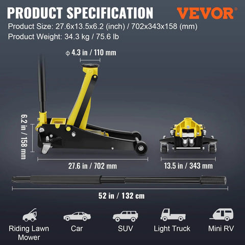 Three Ton Low Profile Floor Jack With Dual Pistons Quick Lift Pump Heavy Duty Steel Racing Jack For Cars; dimensions shown.