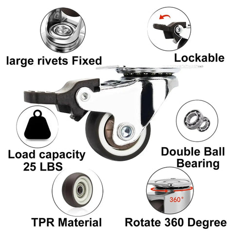 1 Inch Low Profile Caster Wheels Set Of 4 With Two Brakes And Two Non Brake, 100 Lb Capacity, Quiet TPR Rubber Casters, side view