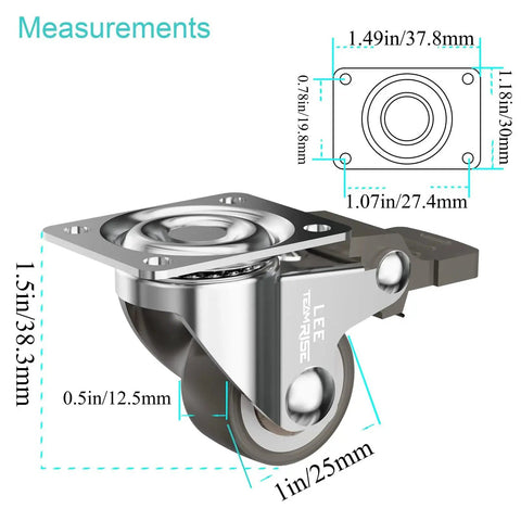 One Inch Low Profile Caster Wheels For Furniture Set Of 4 With Soft Rubber Swivel Casters And Locking Top Plate, 110 Lbs Load Capacity, Includes Two With Brake And Two Without, Smooth Rolling shown with measurements.