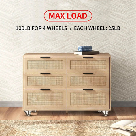 Wooden dresser on One Inch Low Profile Caster Wheels For Furniture Set Of 4 With Soft Rubber Swivel Casters And Locking Top Plate, 110 Lbs Load Capacity, Includes Two With Brake And Two Without, Smooth Rolling.