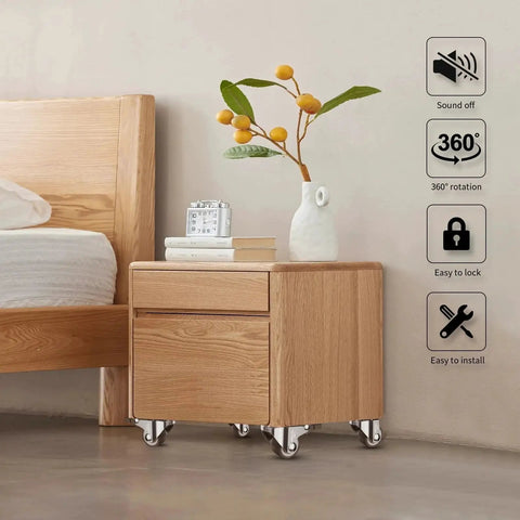 Wooden bedside table with One Inch Low Profile Caster Wheels For Furniture Set Of 4 With Soft Rubber Swivel Casters And Locking Top Plate