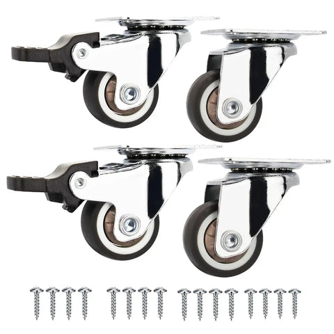 1 Inch Low Profile Caster Wheels Set Of 4 With Two Brakes And Two Non Brake, 100 Lb Capacity, Quiet TPR Rubber Casters, screws included