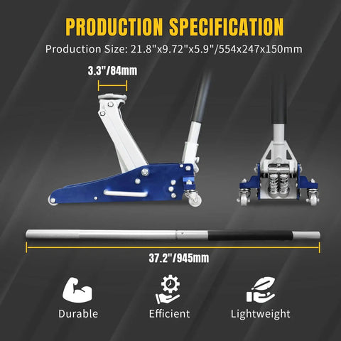 1.5 Ton Low Profile Floor Jack With Quick Lift Dual Pump For Cars And SUVs, 3300 Lb Capacity, Lift Range 3.5 To 14 Inches, side view