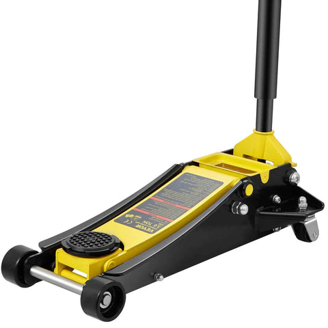 Three Ton Low Profile Floor Jack With Dual Pistons Quick Lift Pump Heavy Duty Steel Racing Jack For Cars in black and yellow