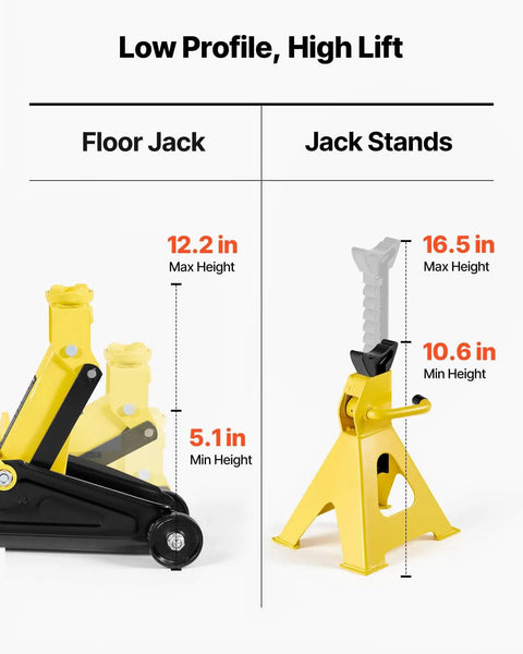 Low Profile Floor Jack 2 Ton With Stands By VEVOR Beefy Workhorse Hydraulic Trolley Car Lift For Low Clearance Sports Cars And SUVs 4400 Lb Capacity Quick Lift Single Piston Pump Lifting Range 5.1 To 12.2 Inches Steel Racing Design floor jack and stands with height labels.