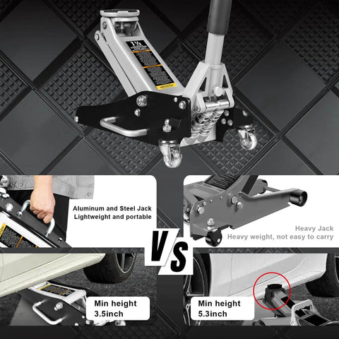 Low Profile Hydraulic Floor Jack With Dual Piston Quick Lift Pump In Aluminum And Steel Construction For Race Ready Performance, 1.5 Ton Capacity (3000 Lb), Black Finish, Ideal For Cars And Light Trucks, Torin TAM815016L with comparison images