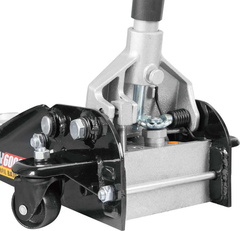 Close-up of Low Profile Hydraulic Floor Jack With Quick Lift Pump For Racing And Everyday Use Three Ton Capacity Durable Steel Construction Easy Lift Lifts From About 3.7 Inches To 18.7 Inches Black showing lifting mechanism and wheel.